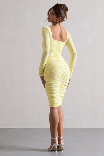 Seductress Yellow Long Sleeve Square Neck Ruched Midi Dress